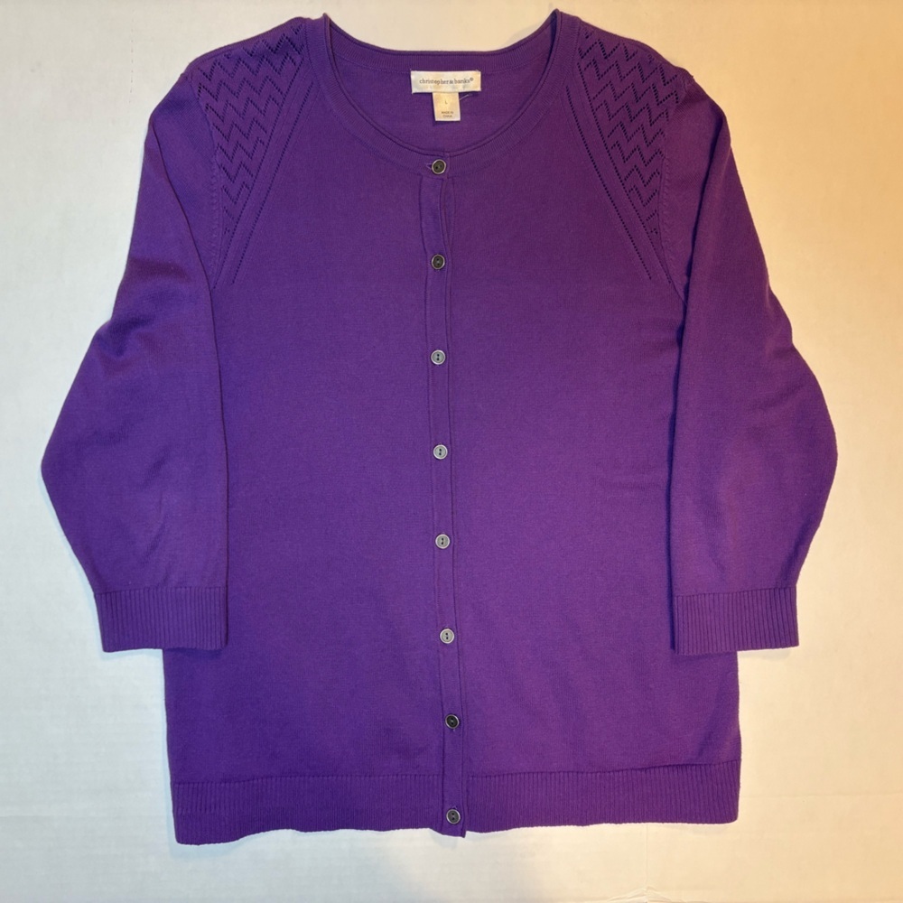 Christopher & Banks 100% cotton purple crewneck 3/4 sleeve button down cardigan